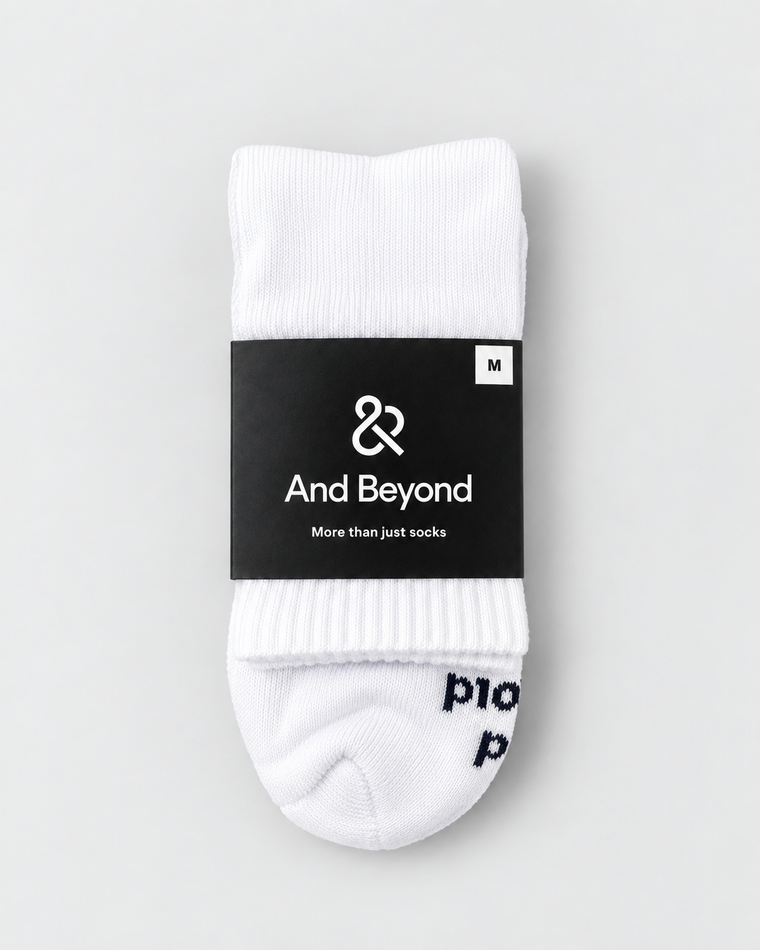 White And Beyond Classic Mid Crew socks in branded packaging