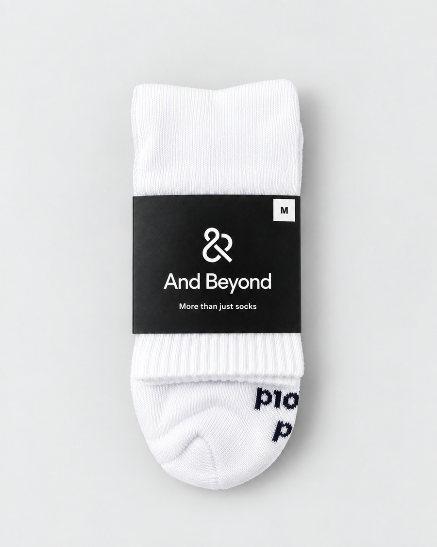 White And Beyond Classic Mid Crew socks in branded packaging